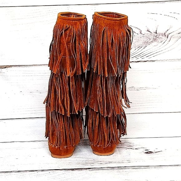 Pierre Dumas NWOT 8M Women Brown VeganSuede Fringed BOHO Zippered Moccasin Boots - Picture 4 of 9